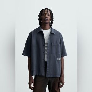 Zara Men’s XL Embroidered Textured Relaxed Fit Pocket Overshirt Ink Blue Cotton